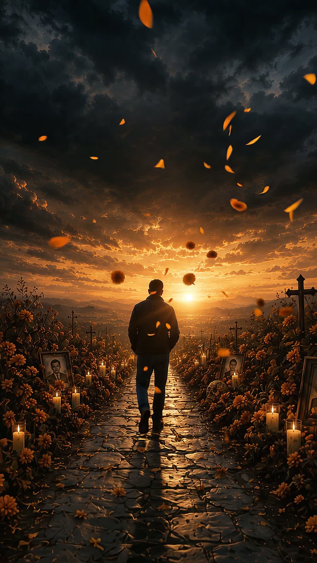 Marigolds and candlelight surrounding a path
