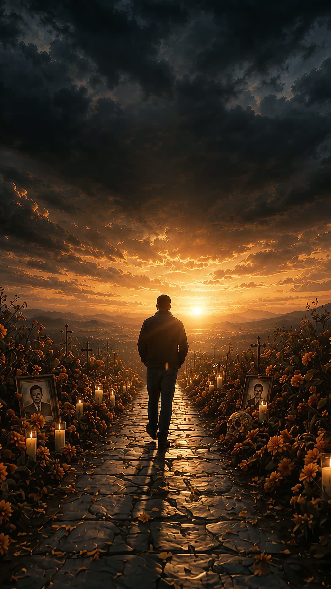 A figure continuing down a marigold-lined path