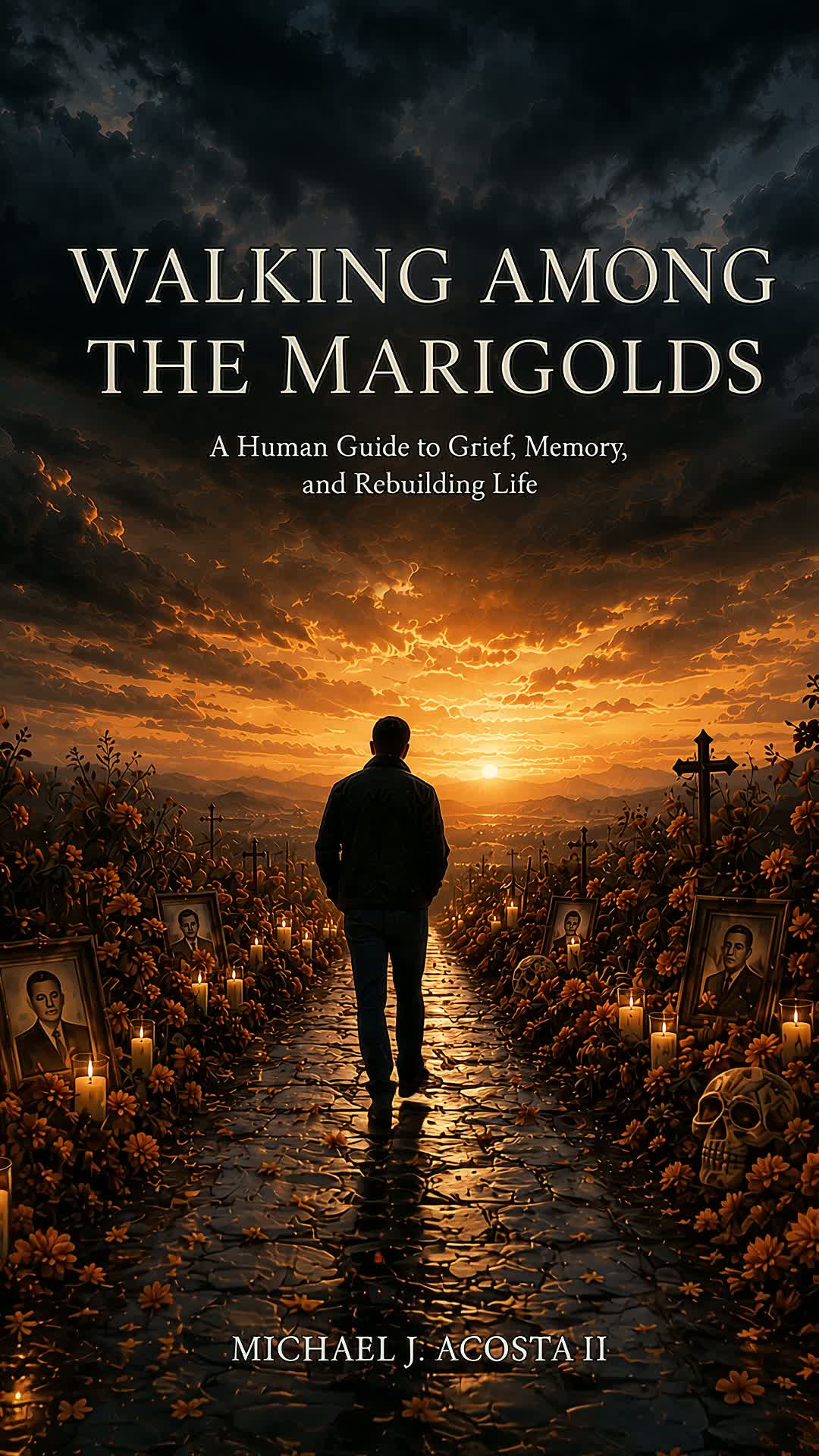 A solitary walk through marigolds at dusk